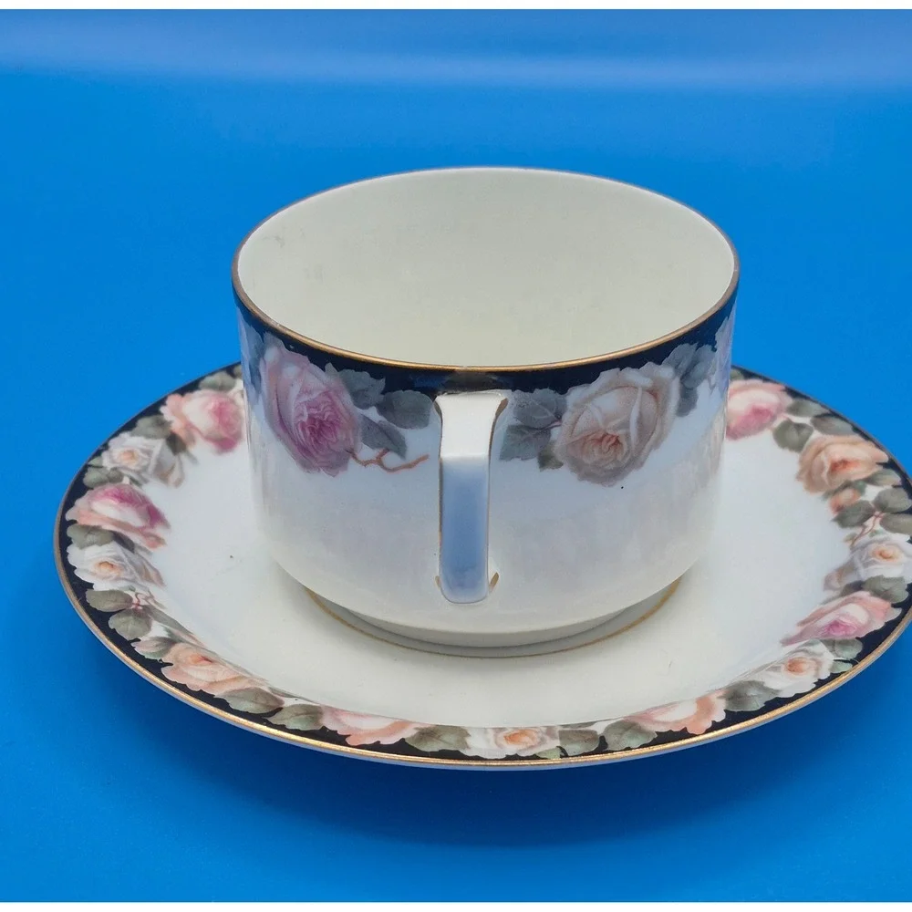 Vintage Bavaria Rose Floral Tea Cup and Saucer Set Navy Blue Gold Trim Porcelain